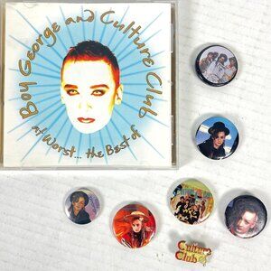 Boy George Culture Club Greatest Hits CD + 8 Vintage Buttons Enamel Pin Bundle